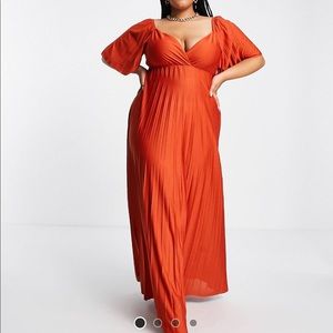 ASOS DESIGN CURVE Pleated twist back cap sleeve maxi dress in rust Size 18 NWT